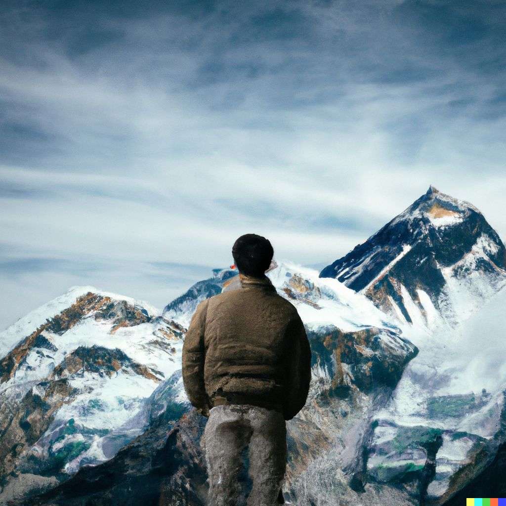 someone gazing at Mount Everest, mixed media